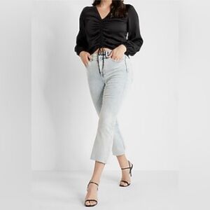NWT EXPRESS HIGH WAISTED LIGHT WASH RAW HEM CROPPED FLARE JEANS